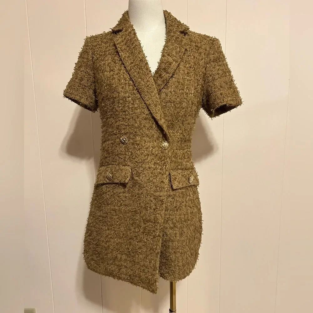 Endless Rose Brown Tweed double breasted romper with gold undertone. Size S